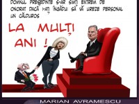 Caricatură cu dedicație semnată Marian Avramescu de ziua vicepreședintelui CJD: Ioan Marinescu, Elena Udrea și Traian Băsescu :)